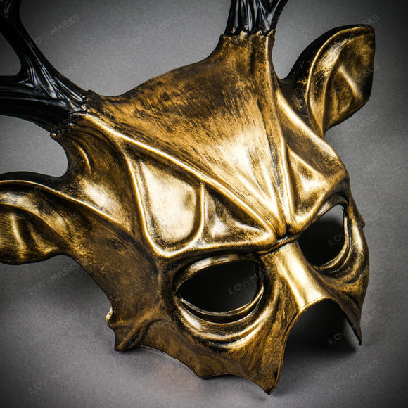 Antler Deer Black Horn Devil Halloween Masquerade Mask - Metallic Gold - Picture 8 of 10